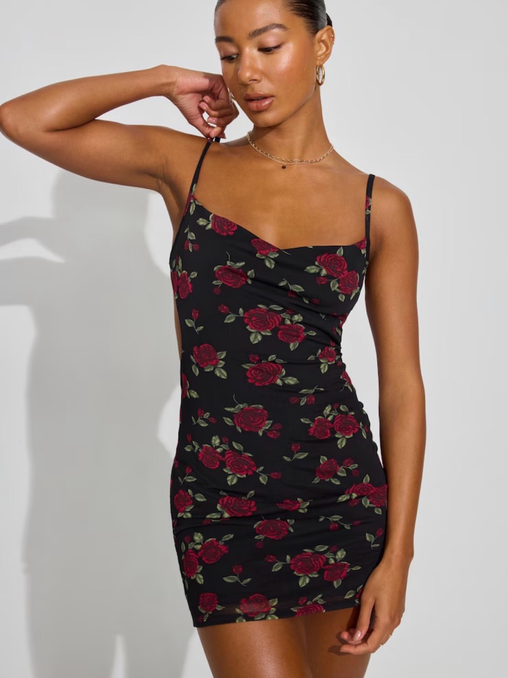 Garage Black Slip Dress with Red Rose Print